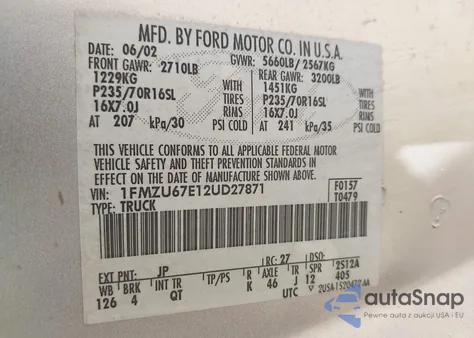 2002 Ford Explorer Sport Trac из США, поврежденный, VIN 1FMZU67E12UD27871